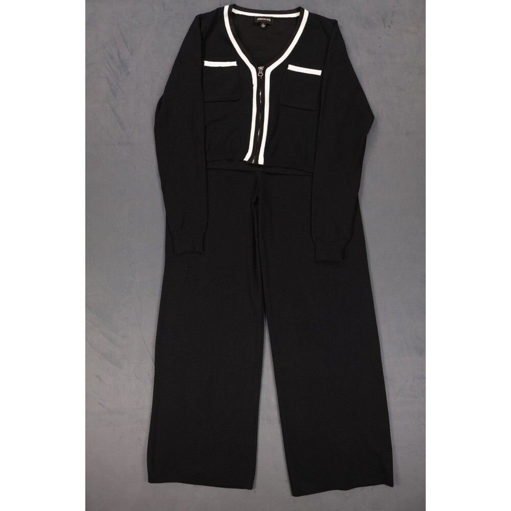 36Points Womens Black White Crop Zip Cardigan Sweater Wide Leg Pants 2 Piece Set